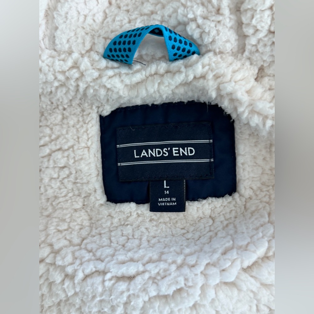 EUC Lands' End Girls Navy Sherpa Hooded Expedition Parka with Teal Trim, Size 14 - Picture 12 of 16